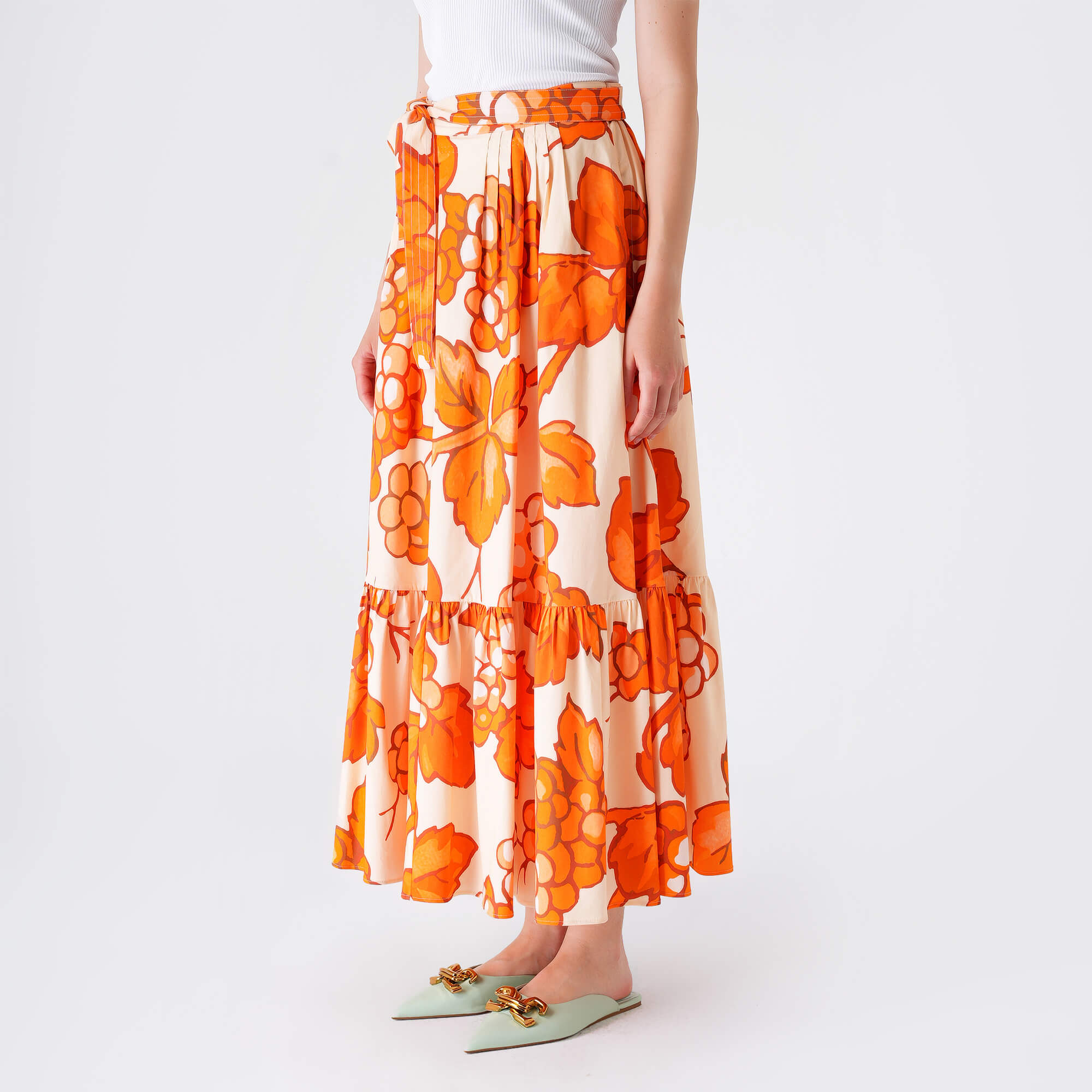 Etro - Orange&Beige Flower Cotton Midi Skirt